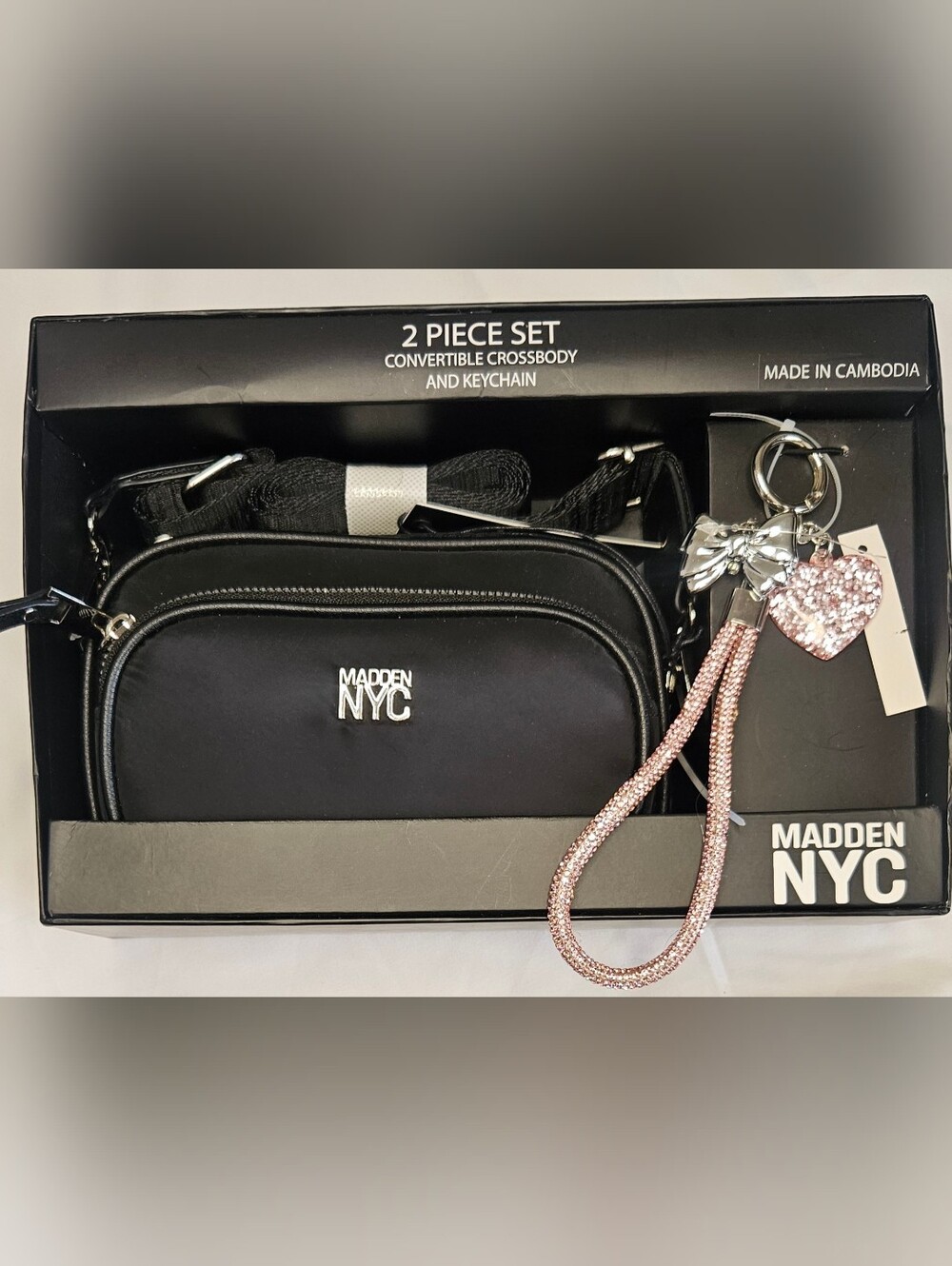 Madden NYC Black Convertible Crossbody Bag with Pink Keychain Bag charm